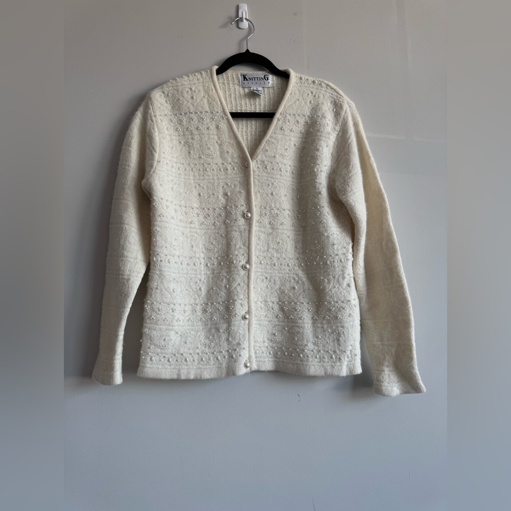 Vintage Knitting Needles Angora Lambswool Cream Pearl Beaded V Neck Cardigan